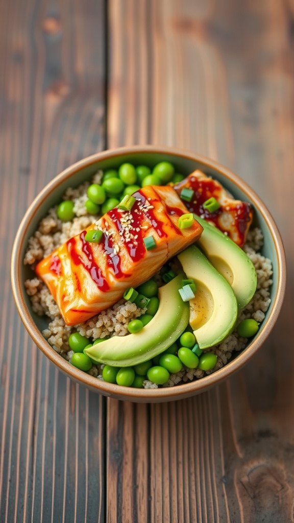 A vibrant Buddha bowl with quinoa, edamame, avocado, and miso-glazed salmon, garnished with scallions and sesame seeds.